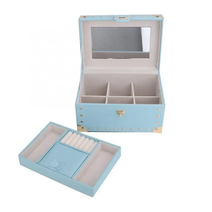 2-Layers Necklace Storage Earring Container Box Jewelry Holder with Handle Lock Mirror jewelery organizer Display for jewelry | Украшения и