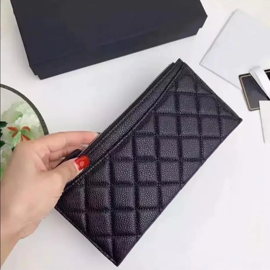 Beste Top Kwaliteit Vrouwen Portemonnee Gevouwen Lange Portemonnee Dames Clutch Handtas Luxe Mannen Kaarthouder Caviar Koe Lederen Munt Zak Met Doos