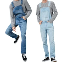 mens jeans denim bib workwear pocket jumpsuit slim male solid color casual sling trousers