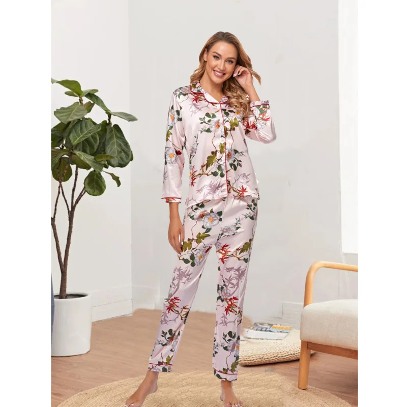 

Home Wear Pajamas 2-piece Set Women's Autumn Fashion Printing Long-sleeved Lapel Casual Pajamas Simple Wm*