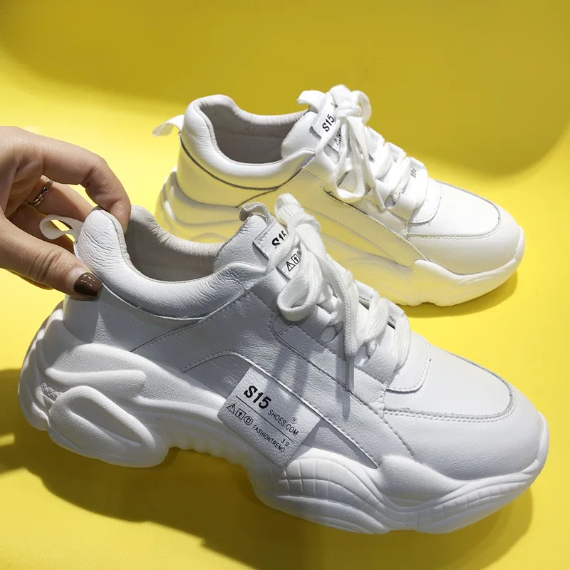 New White Leather Sneakers Women Autumn Fashion Comfortable Round Toe Thick-soled Sports Lace-up Non-slip Casual Women's Shoes