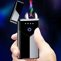 new dual arc usb lighter metal rechargeable electronic lighter led screen plasma power display thunder lighter gadgets for man