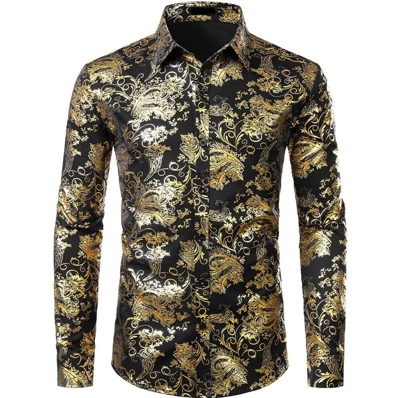 Purple Mens Floral Bronzing Shirt Men Shiny Flower Men Shirt Luxury Fashion Party Mens Dress Shirts Casual Club Camisa Masculina