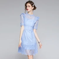 2021 new summer women elegant slim party dress high quality blue hollow out chemical lace runway dress