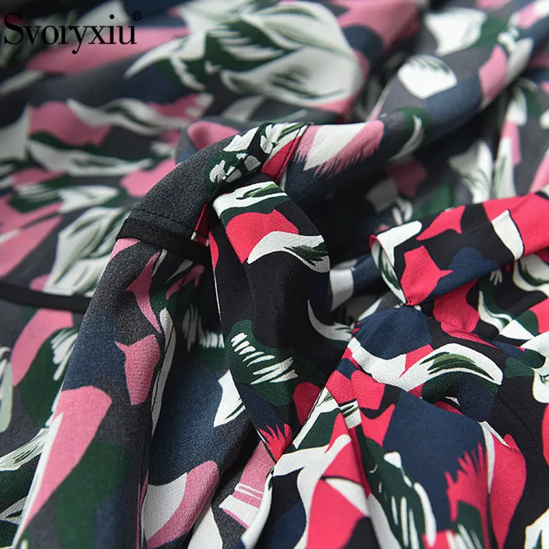 

Svoryxiu 2021New Runway High-End Silk Dress Women's Fashion Lantern Sleeve Flower Print V-Neck Breast Wrap Party Dresses