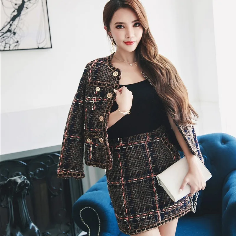 Осень зима 2020 твидовый Женский комплект 2 шт. куртка с длинным рукавом пальто +