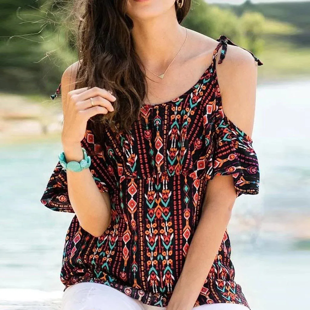 Женский Пляжный топ с коротким рукавом винтажный принтом на тонких бретельках