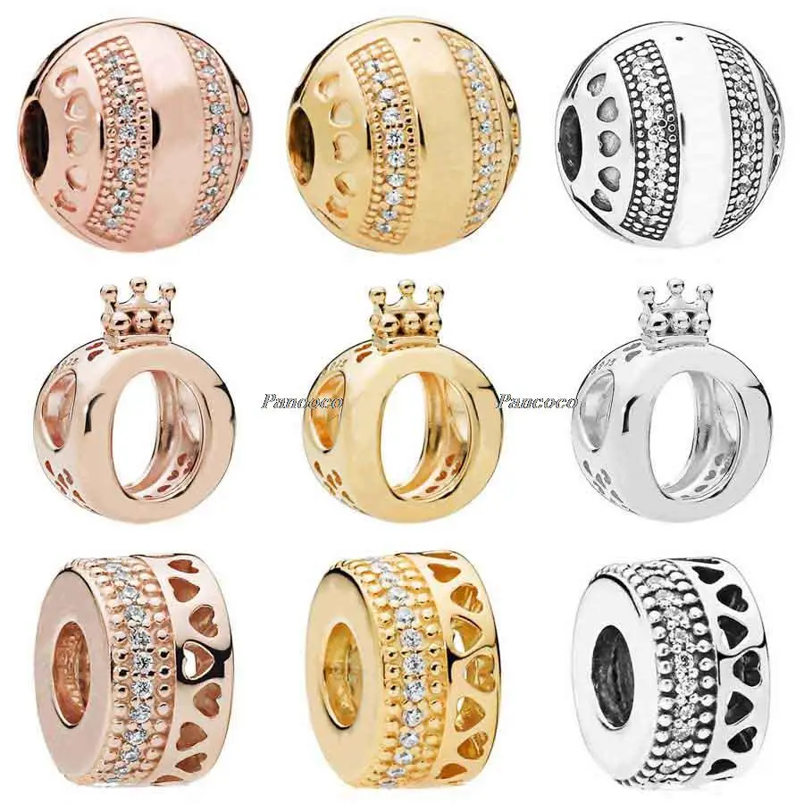 

925 Sterling Silver Charm Gold Sparkling Stripes Logo Hearts Clip Beads Fit Pandora Bracelet & Necklace Jewelry