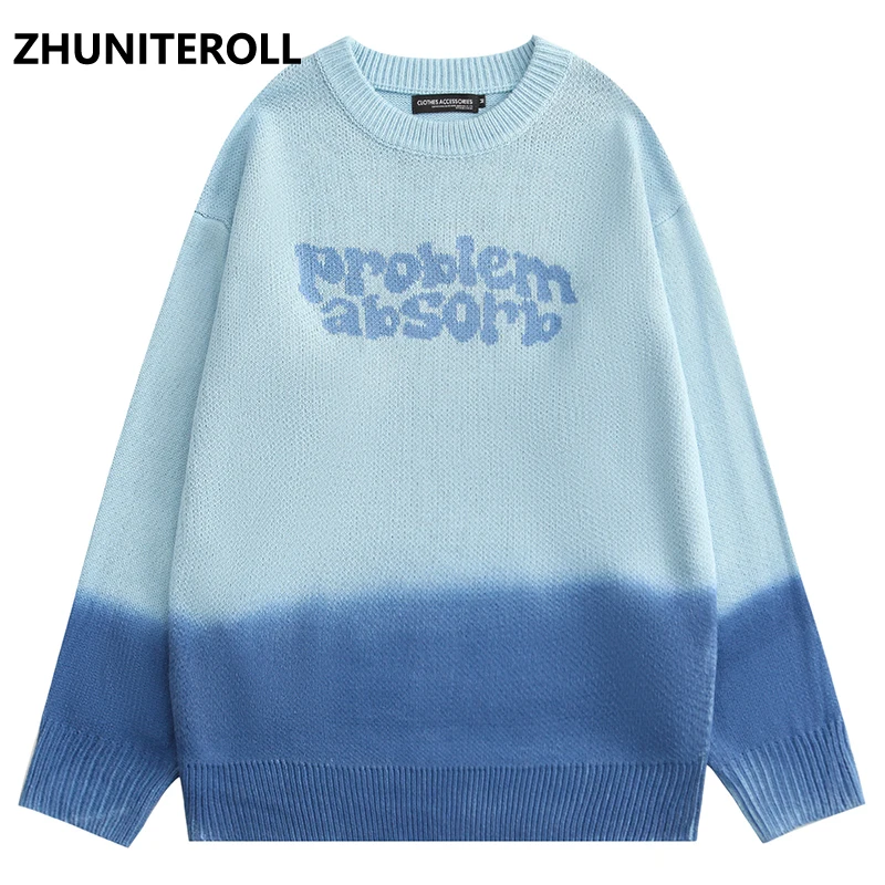 

2021 Hip Hop Gradient Letter Knitted Jumper Streetwear Mens Harajuku Pullover Knitwear Fashion Outwear Sweaters Autumn Tops