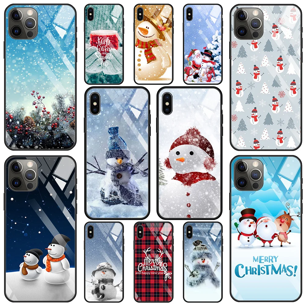 

Tempered Glass Case For iPhone 13 12 11 Pro Max 12Mini X XR XS Max 8 7 6s Plus SE 2020 Phone Shell Merry Christmas snowman snow