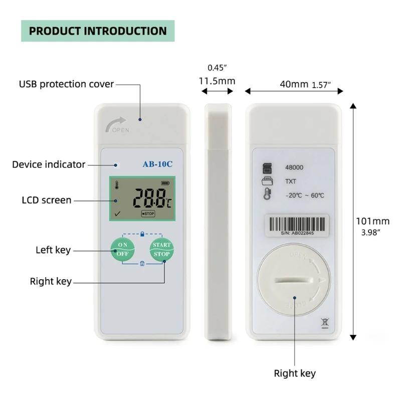 

AB-10C USB Temperature Data Logger Data Logger Recorder External for Food Me-dicine Vaccine Refrigerated Transport