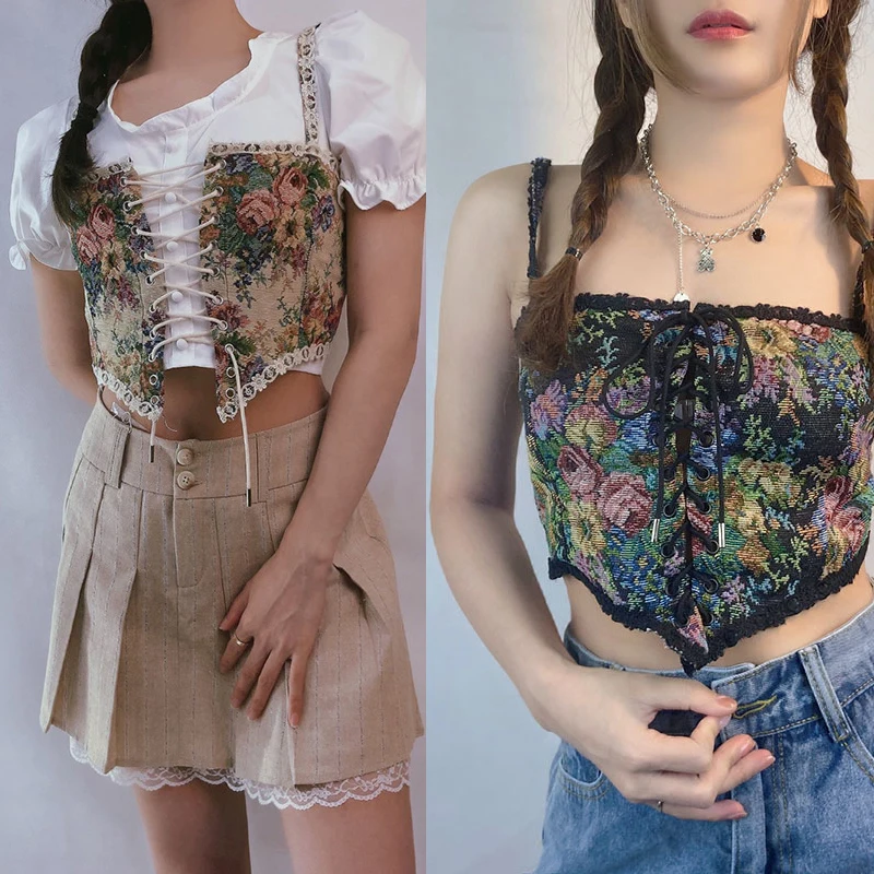 

French Retro Style Floral Camisole Female Heavy Industry Floral Slimmin Lace-up Corset Wrapped Chest Sexy Party Club Lady Top