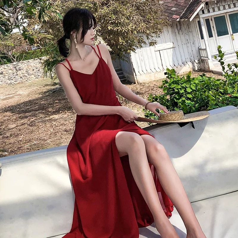 Женский красный Макси-сарафан с открытой спиной узкое Летнее Длинное пляжное