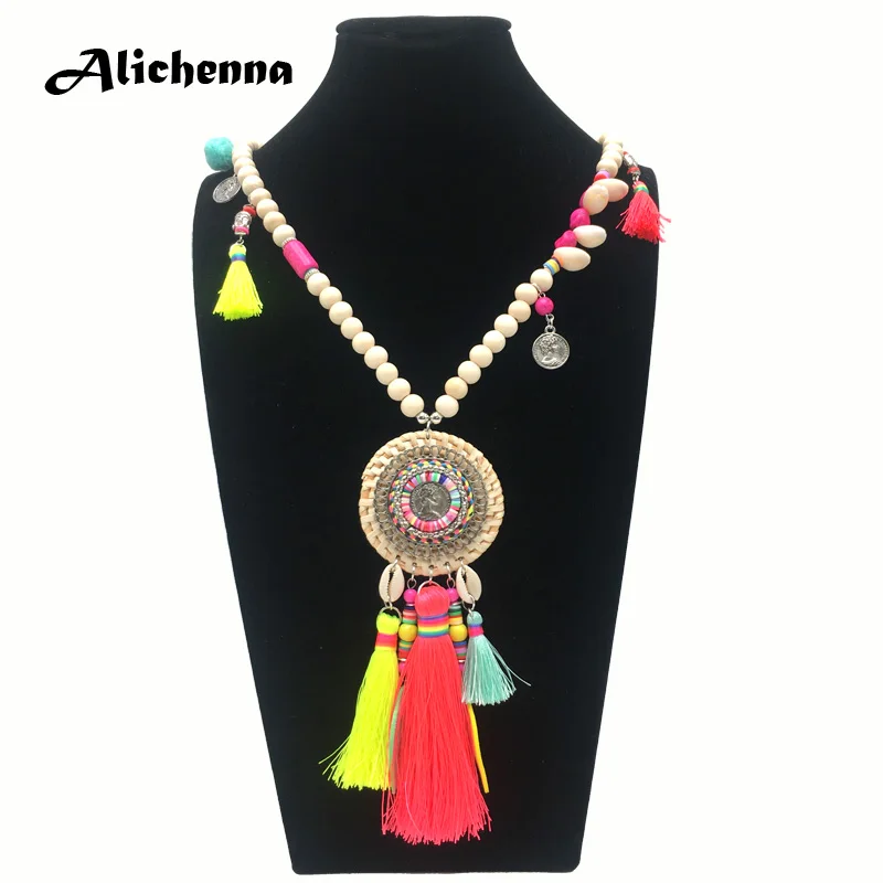 Ручная работа женское круглое ожерелье из ротанга с кисточкой длинное богемное