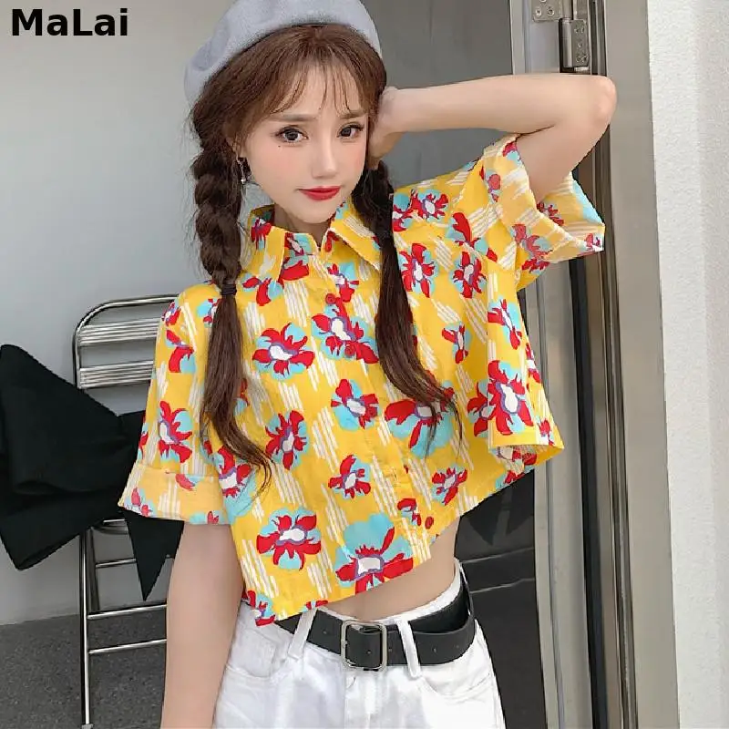 

Feminine Top Womens Blouses Turn Down Collar Sweet French Shorts Retro Blusas Floral Print Shirt Oversize Short Sleeve For Girls