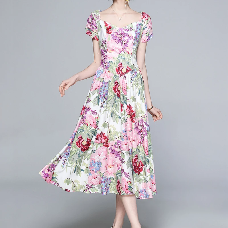 

Women Sexy Off Shoulder Short Sleeve Slim Dress 2021 Summer Designer Spaghetti Strap Floral Print Fashion Bohemia Lady Dreses
