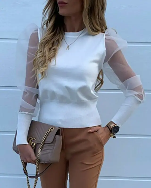 Сексуальная Женская блузка с круглым вырезом рубашки Кружевная блуза пышными