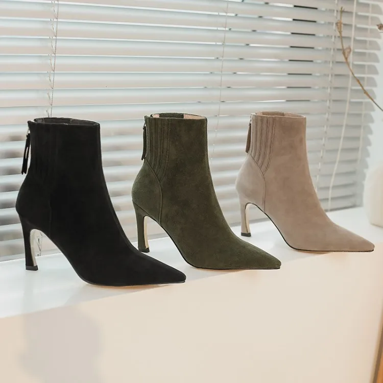 Женские замшевые ботильоны с острым носком на высоком каблуке|Женские