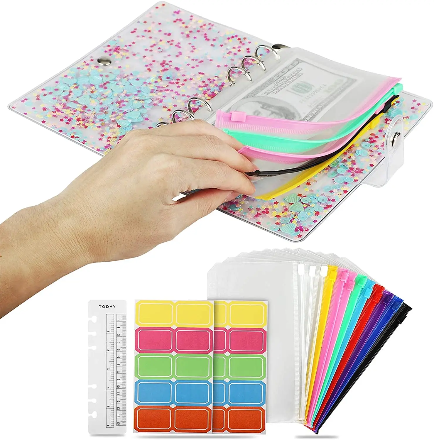 

12 Pieces A6 Budget Binder Cover with 12 Clear Cash Envelopes Waterproof PVC Ring Binder Cash Envelope Wallet for Budgeting