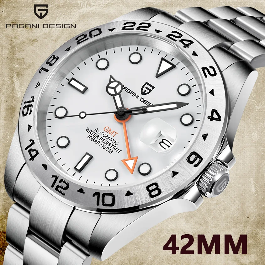 

PAGANI DESIGN 2021 New Men's 42mm Automatic GMT Clock Stainless Steel 100m Waterproof Business Watch Montre Homme