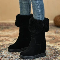 winter fashion sneakers women genuine leather wedges high heel motorcycle boots female warm fur round toe platform pumps shoes