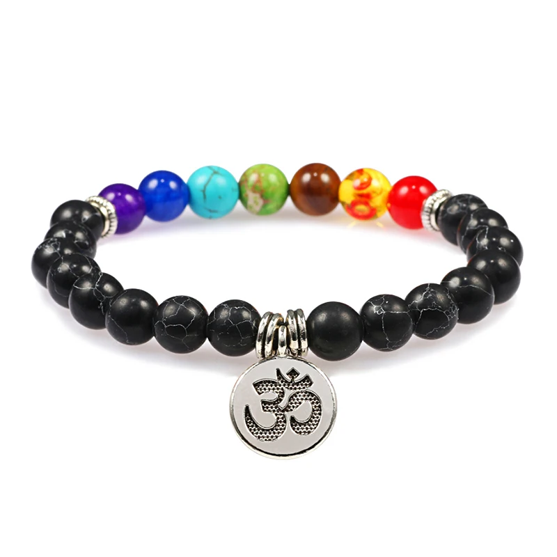 Мужской браслет из 7 бусин чакры натуральная черная лава кулон тигрового глаза с