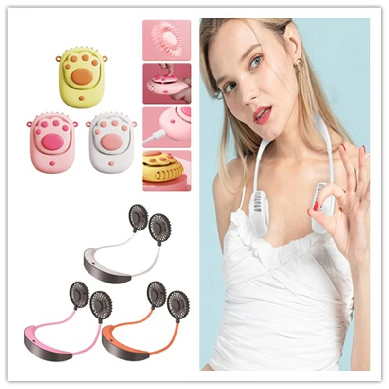 

Hanging Neck Fan Cat Paw Portable Lazy Outdoor USB Lanyard Small Fans For Office Dormitory Outdoor Mini Fan