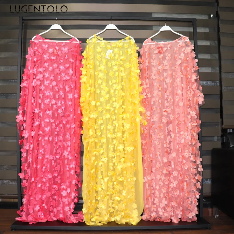 

Lugentolo Maxi Dress Women Two-piece Set 3D Embroidery Loose Solid Bat Type Round Neck Chiffon Womens Dresses