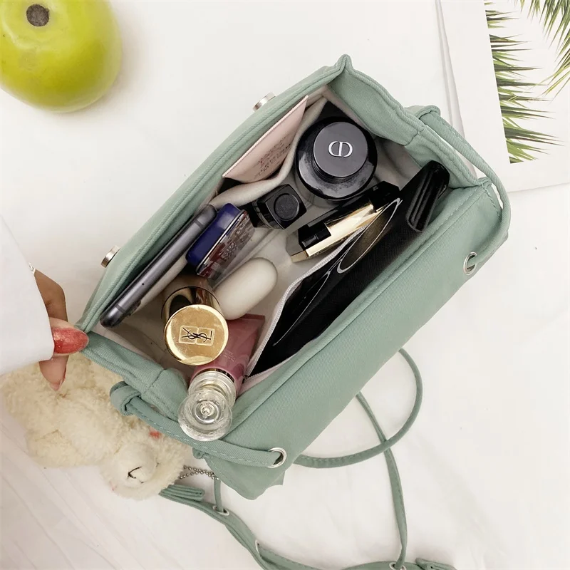 

Bear Pendant Mini Student Bag Cell Phone Bags Simple Small Crossbody Bags Casual Ladies Flap Shoulder Bag Women Canvas Handbags
