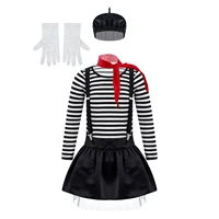 kids girls mime costume outfit stripes t shirt tops with suspender skirt scarf beret hat and gloves set for role play party