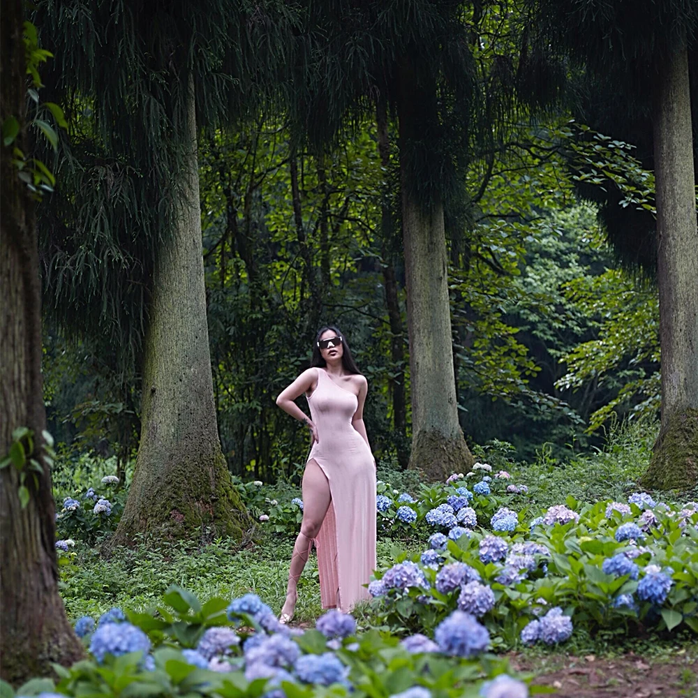 

One shoulder split summer rib dress women's slim fitness sexy dress