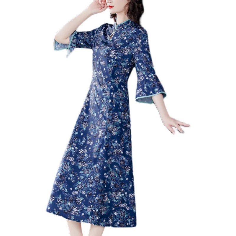 

COIGARSAM 4XL Plus Size Cheongsam Floral Print Women dress New Spring Vintage Stand Neck Dresses 1538