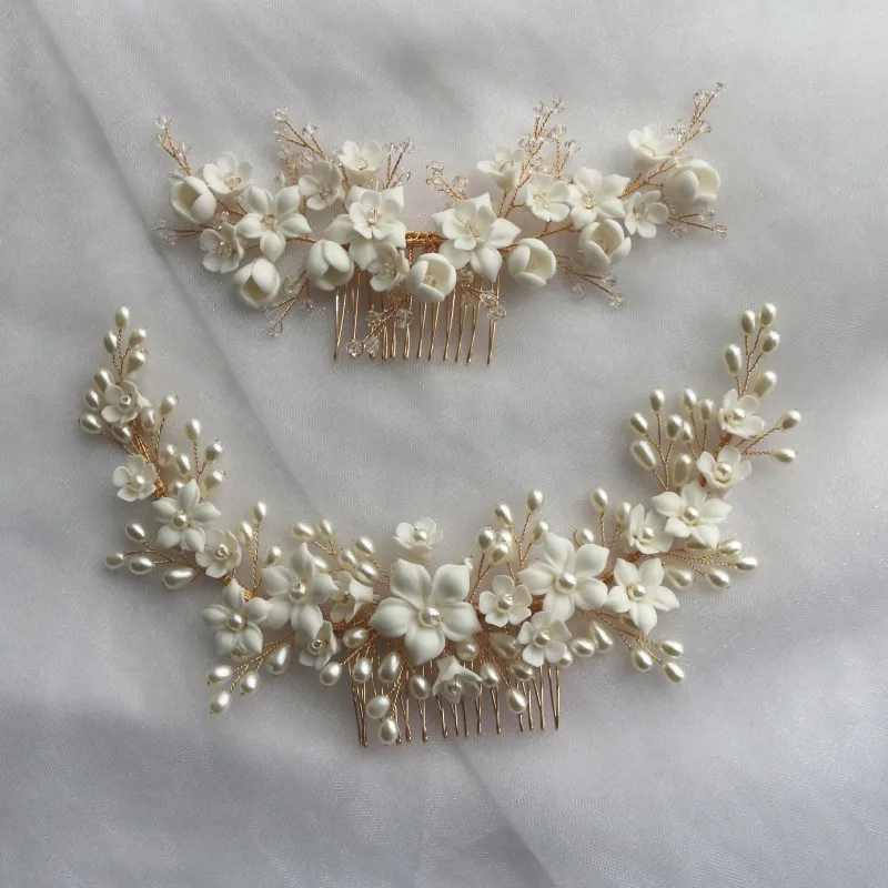 Peine de cerámica blanco con flores para mujer, corona nupcial con perlas, joyería hecha a mano, tocado de boda, peluca de moda