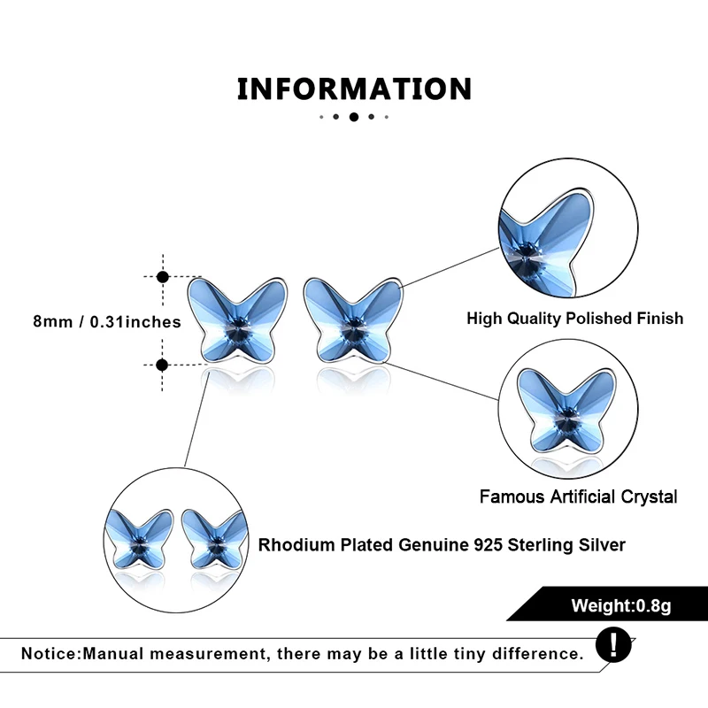 

Rinntin Blue Butterfly Crystal Stud Earrings For Women 925 Sterling Silver Earings Stud Trendy Wedding Party Jewelry Gift SWE04