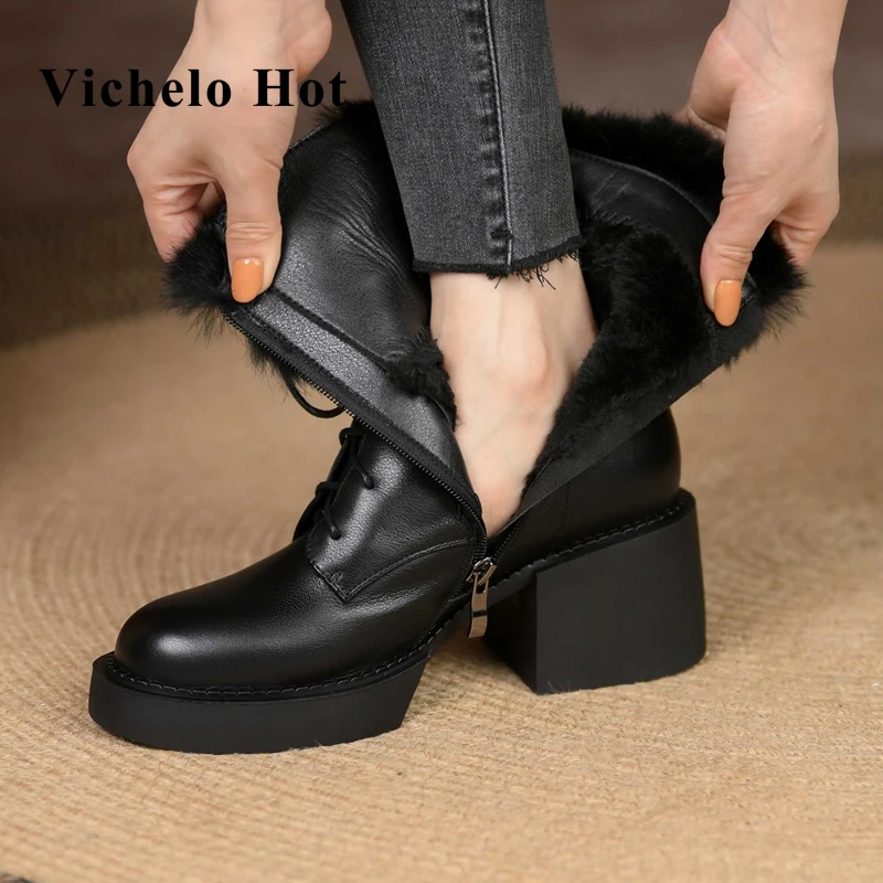 

Vichelo Hot genuine leather round toe high heels snow boots long plush winter keep warm cross-tied British style ankle boots L31