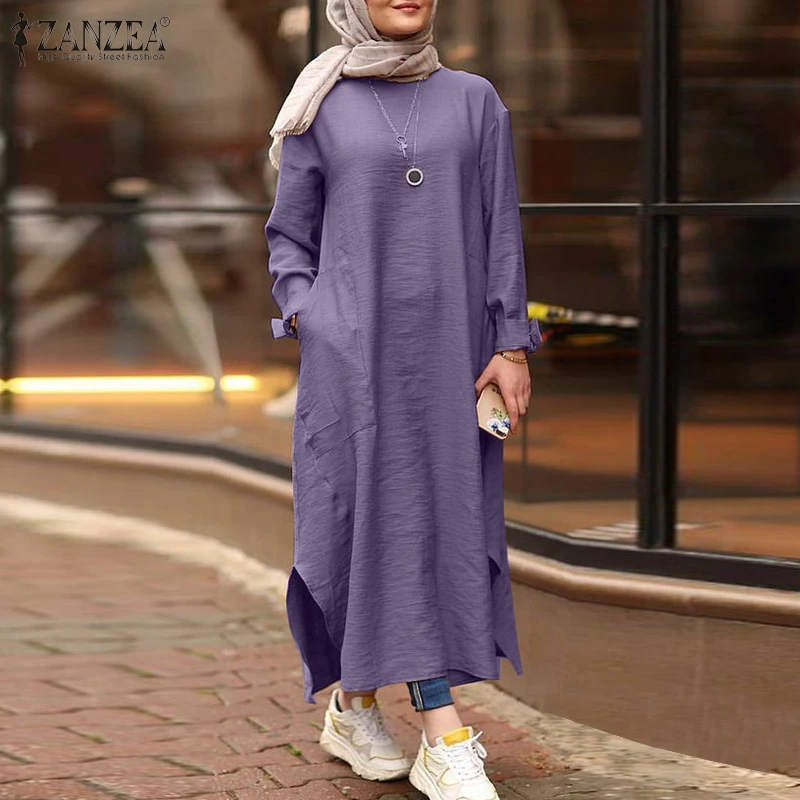 Элегантное мусульманское Макси-платье ZANZEA 2022, Женский исламский сарафан с длинным рукавом, женское повседневное однотонное платье для женщ...