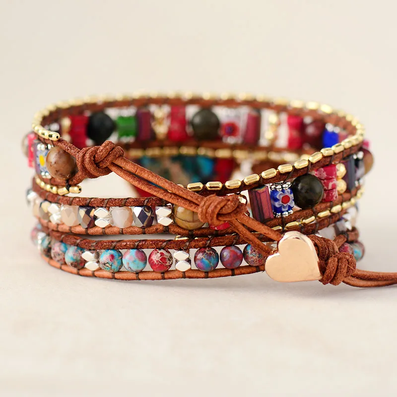 

Personalised women's heart shaped leather bracelet, beaded bracelet with vibrant stones, bohemian jewelry, direct packaging