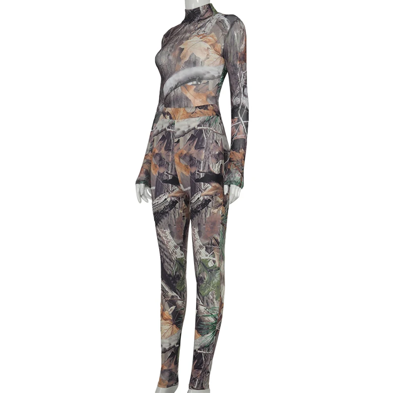 

Womens Two Piece Casual Clothes Personality Leaf Printing Long-sleeved Jumpsuit and High Waist Trousers