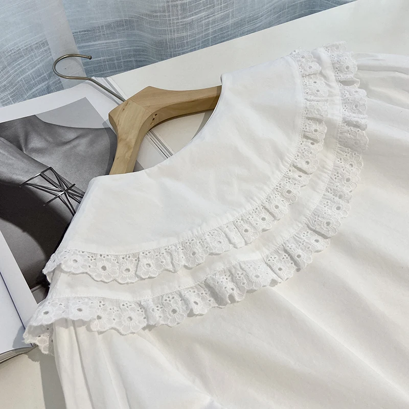 

2021 Summer Korean Double-Layer Lace Lapel Ladies Top Loose Slimming Women Shirt Short Sleeve Fashion Solid Buttoned Blusas