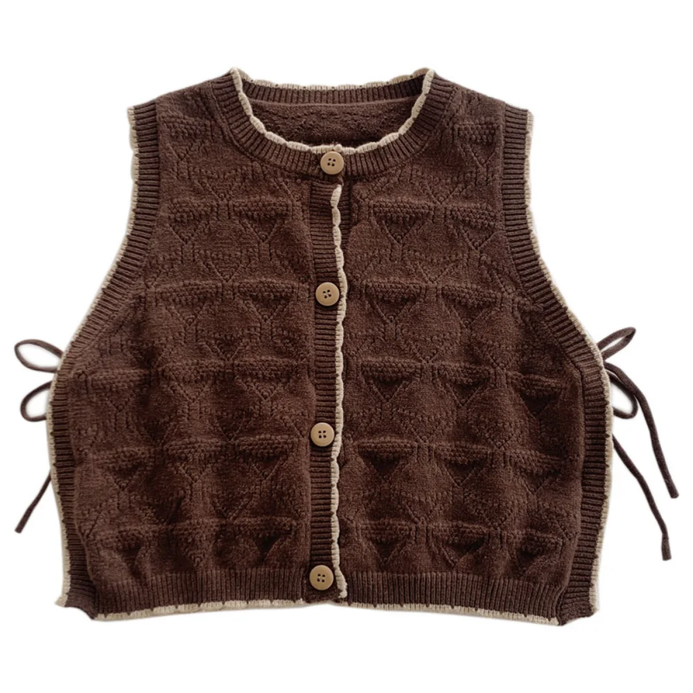 

2021 Children's Sweater Vest Autumn Korean Children's Wear New Girls' Mori Girl Frenulum Solid Color Cute Knitted Top