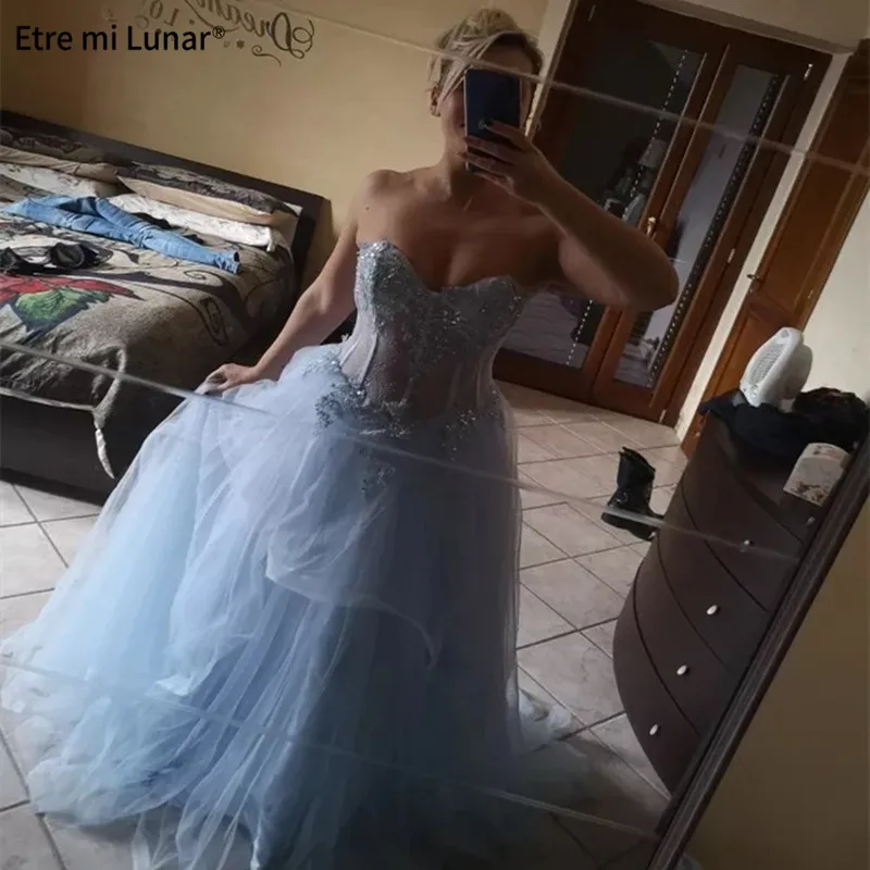 

LE4038 Sweetheart Light Blue Beading Bandage Prom Dress Sleeveless A-Line Lace Evening Gowns