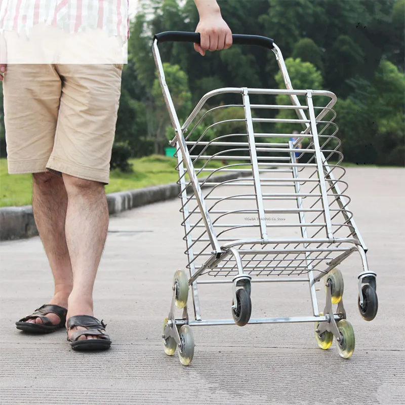 Stainless Steel Stair-Climbing Shopping Cart, Foldable Large Grocery Dolly, Portable Utility Trolley