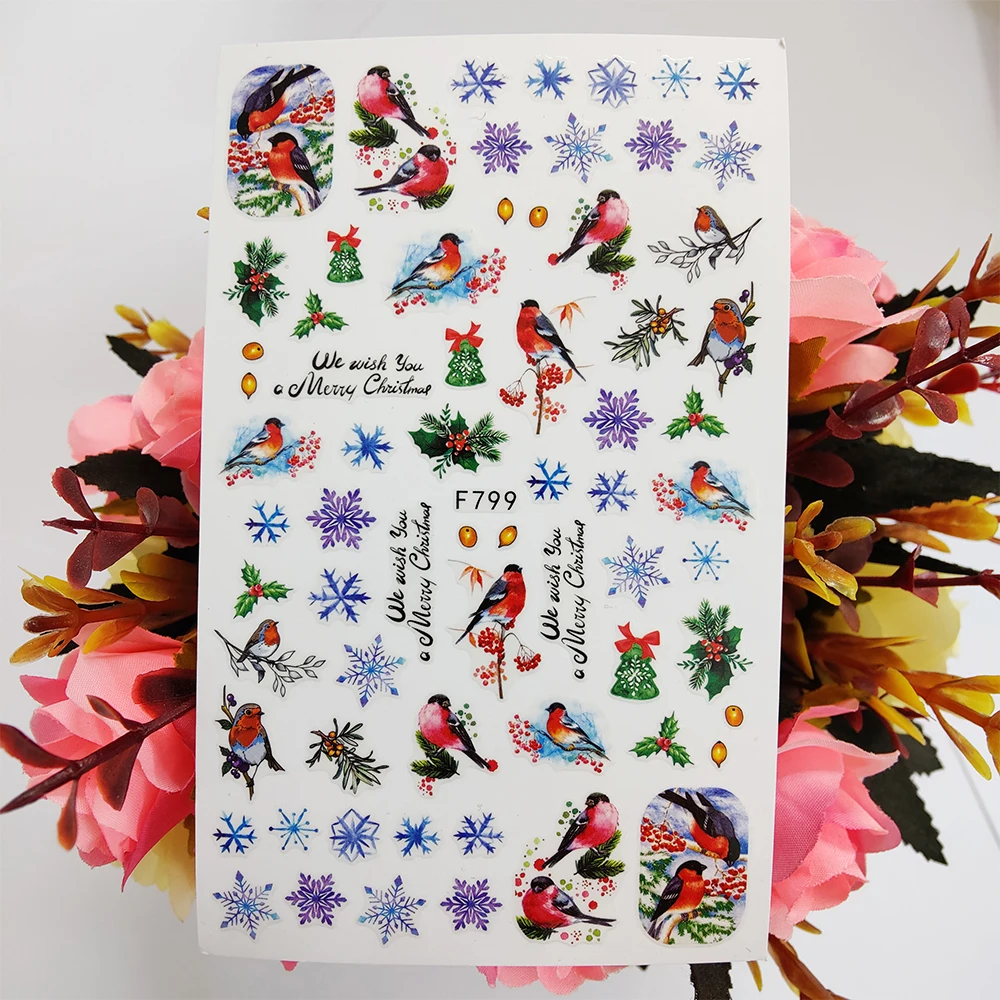 

2021 Merry Christmas Nail Sticker Cute Bird Blue Purple Snowflakes Nail Art Decorations Sliders Design Manicure Accessories Tips