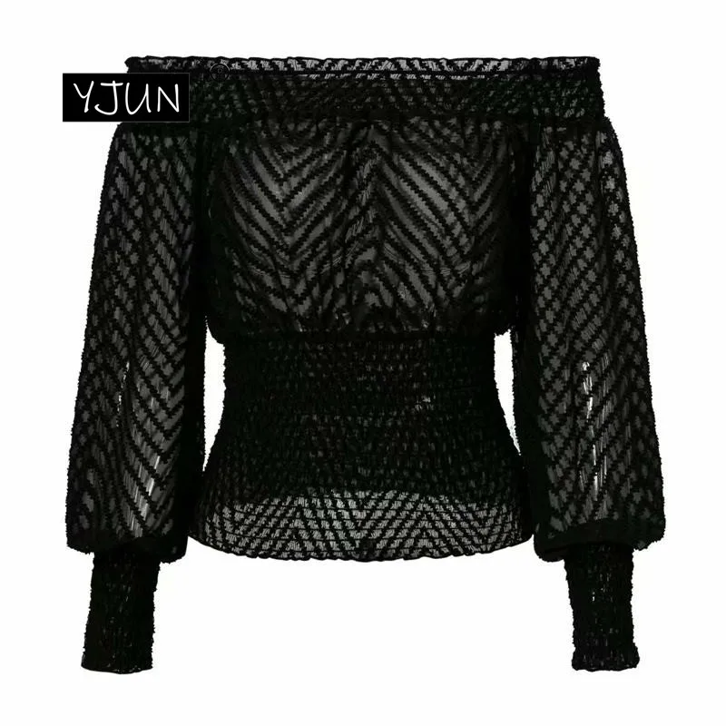 Женская Черная прозрачная блузка с длинным рукавом шифоновая в полоску