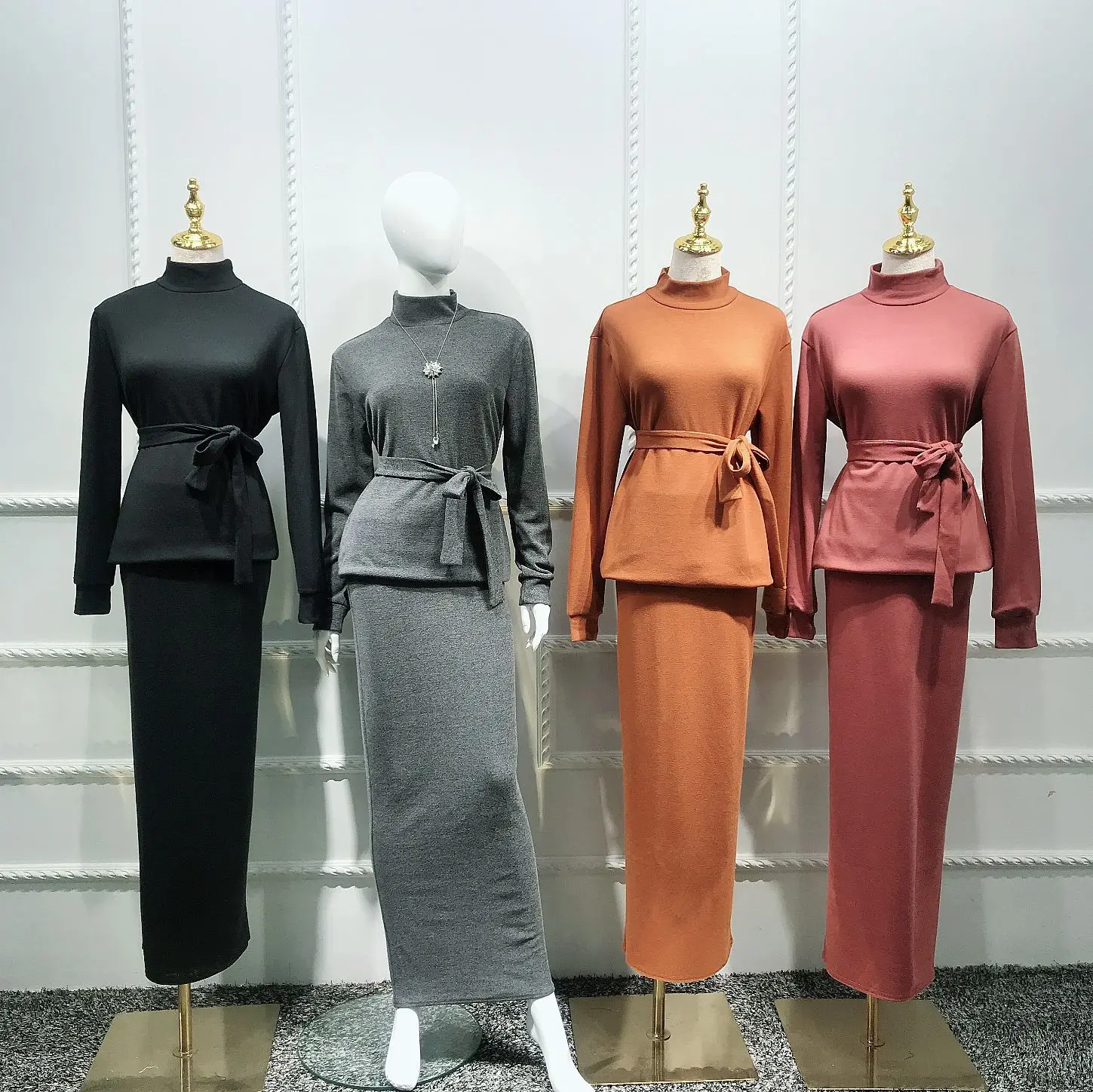 

Muslim Abaya Sets Women 2-Piece Set Knit Top and Long Skirt Dubai Lace-up Solid Color Kaftan LadyTurkish Islamic Clothing Suits