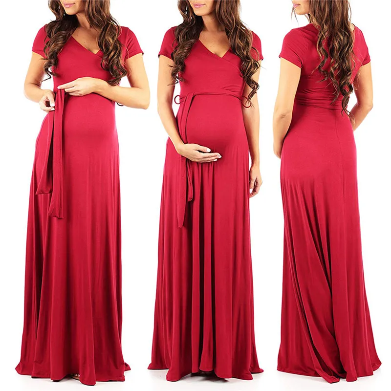 

Однотонное супердлинное платье с V-образным вырезом и коротким рукавом с оригинальным поясом для беременных, летнее платье для беременных