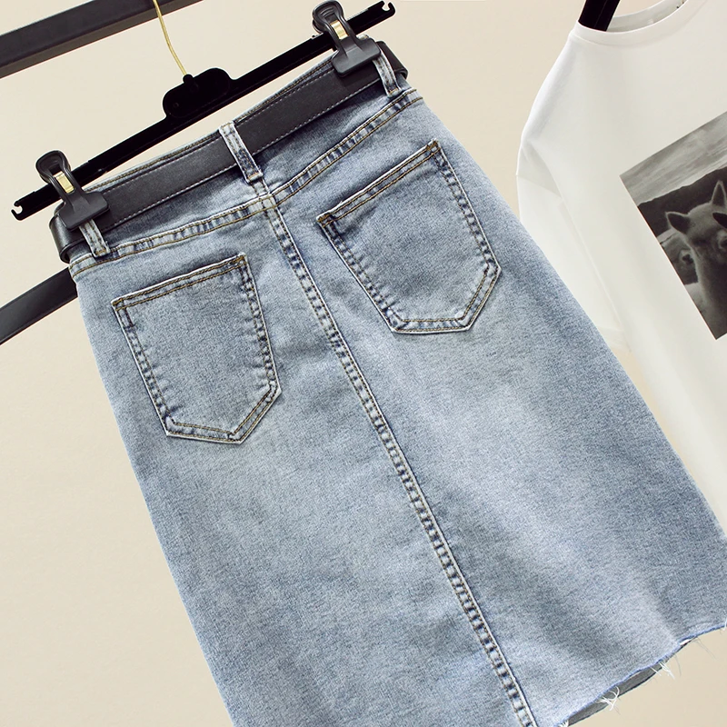

2021 Summer Spring New Women Solid Denim Skirt Casual High Waist A-line Skirt with Belt Slim Medium Length Skirt