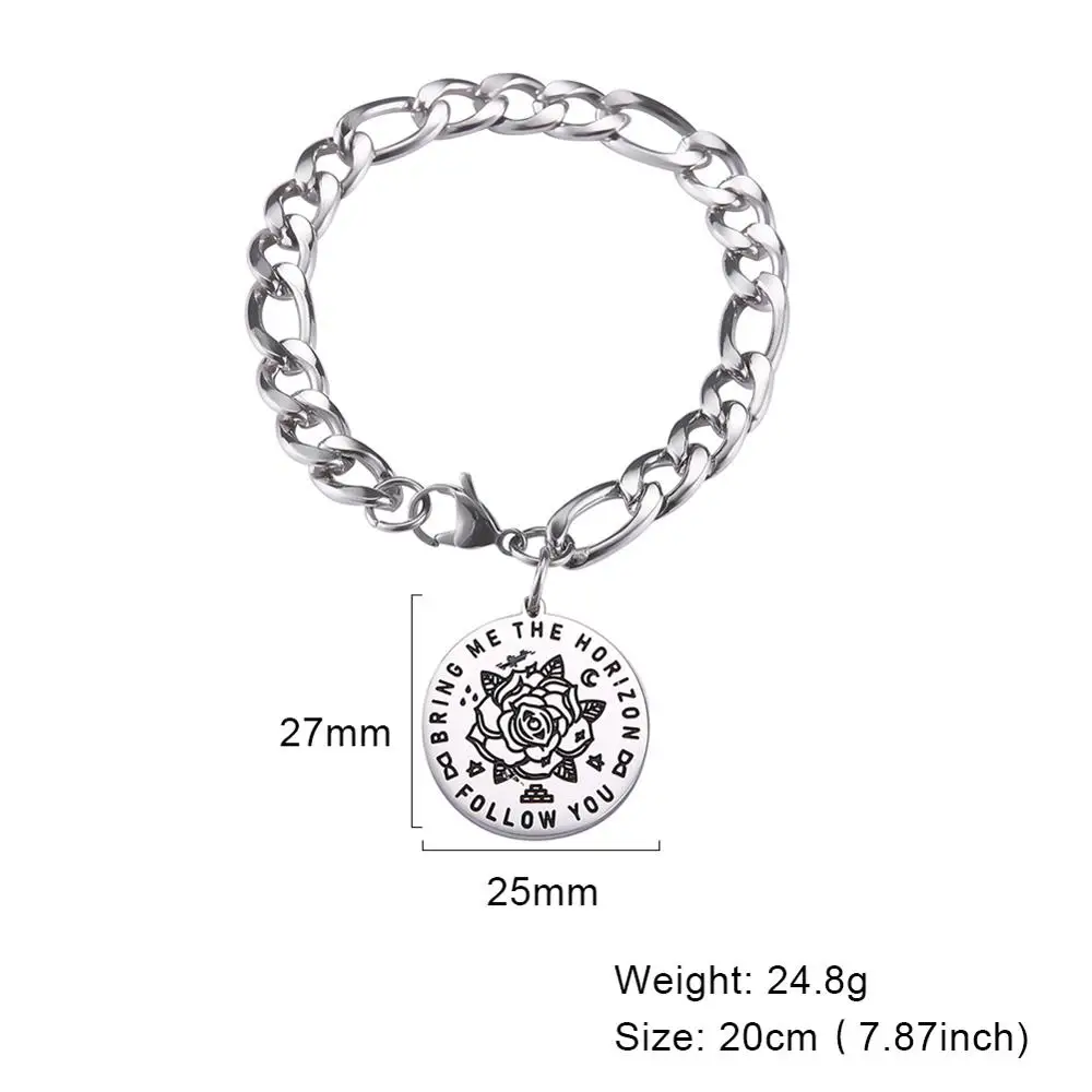 

My Shape Man Bracelet Stainless Steel Engraved Follow You Bring Me the Horizon Silver Color Round Pendant Bangle Jewelry Gift