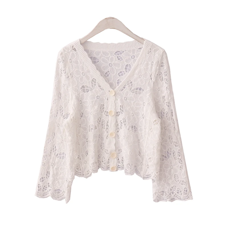 

Kimutomo Hook Flower Lace Hollow Out Cardigan 2021 Summer Thin Female V-neck Long Sleeve Single Breasted Solid Color Short Tops