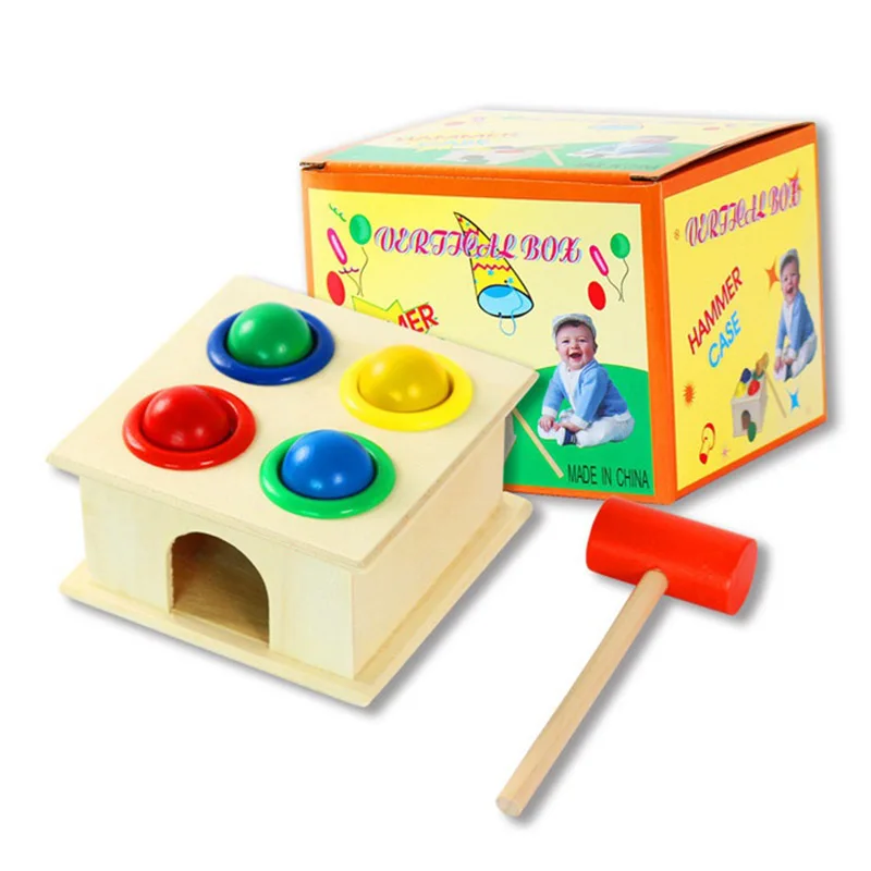 

1Pcs Baby Hammer Ball Toy 4 Hole Cute Nature Color Square Table Wooden Hammer Ball Game Early Education Gift For Baby Children